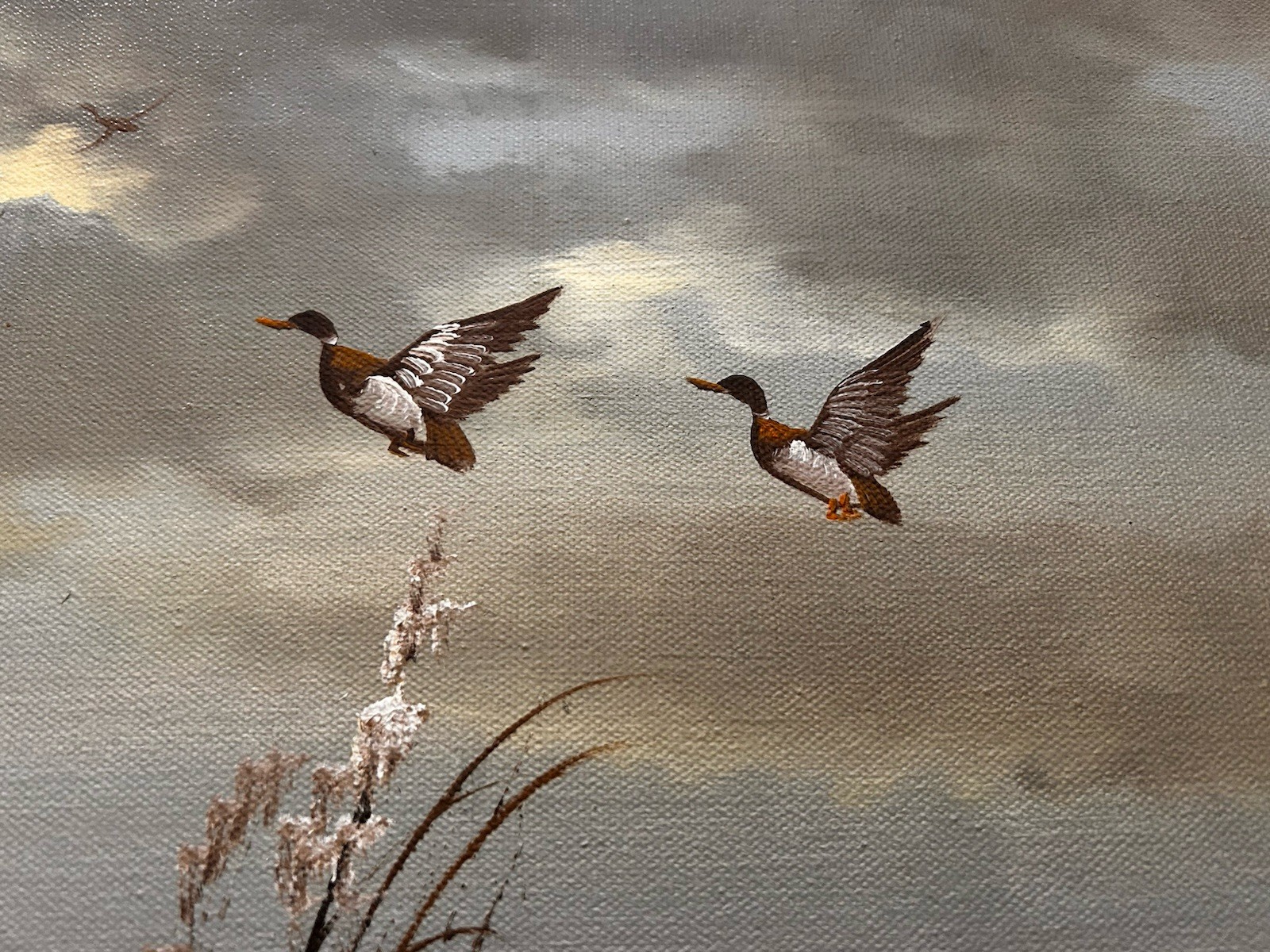 Vintage Original Landscape w/ Flying Ducks 16×20 Painting Signed Roberts