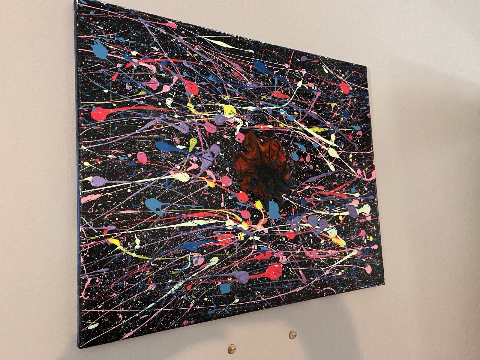Abstract Splatter Painting – Black Background with Multicolor Drips, Unframed