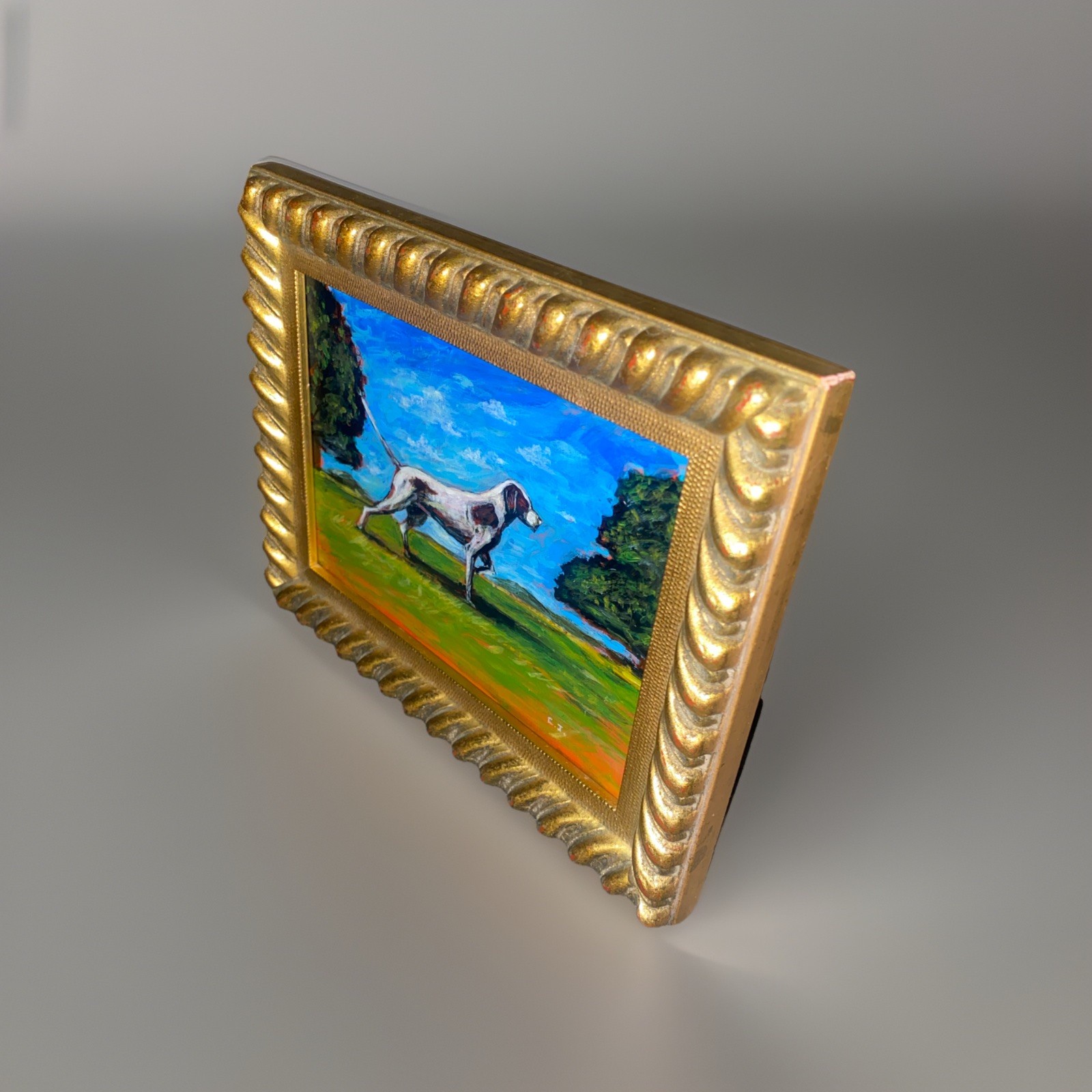 Vntg Original Painting Pointer Hunting Dog in Landscape Small 9” X 7” Free Ship!