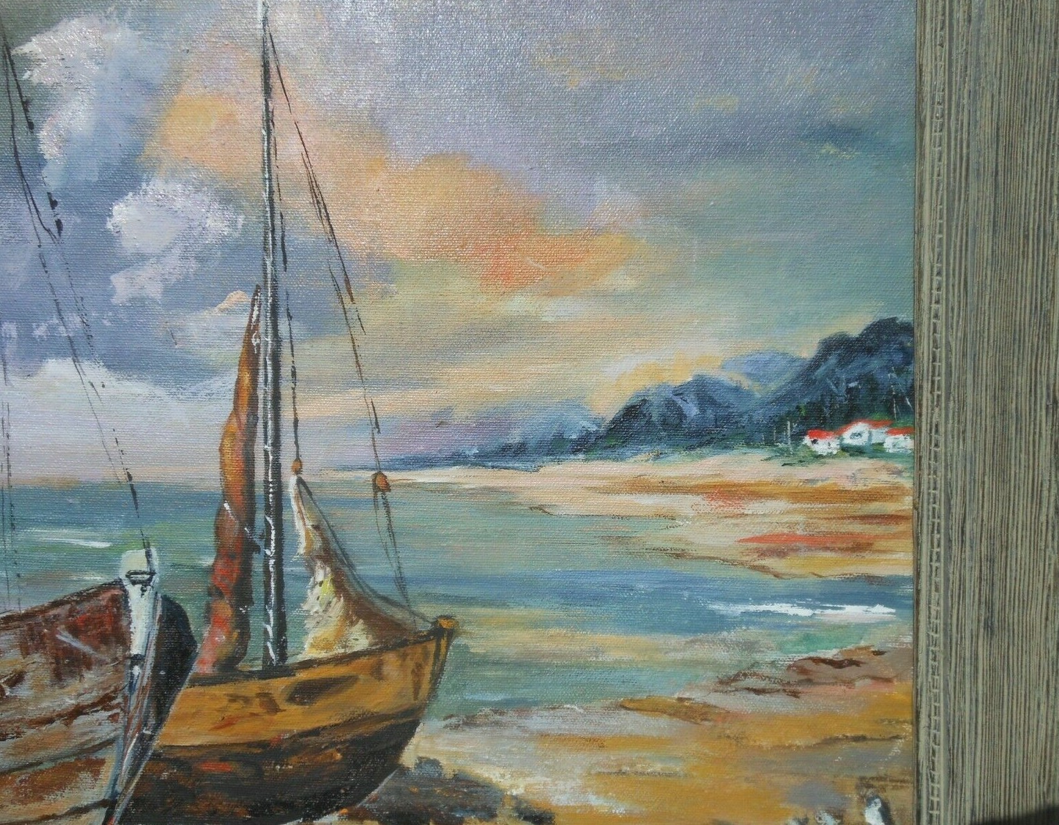 Vintage Impressionist Seascape Oil Painting L Graus 18″ x 24″ Boats