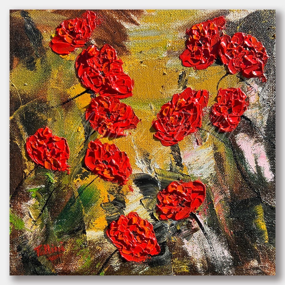 Red Poppies flowers original oil painting 8″ x 8″ by Monica Fallini