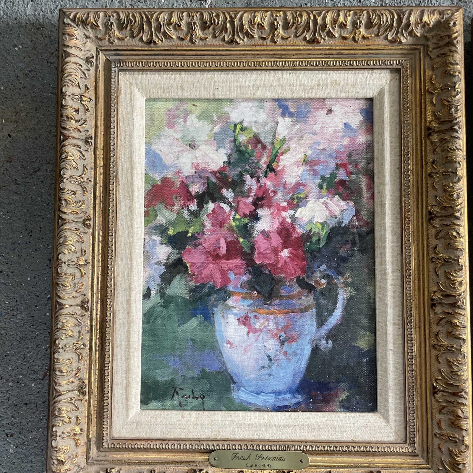 TWO Claire Ruby Titled FRESH PETUNIAS and PINK ROSE: 18×15 Framed