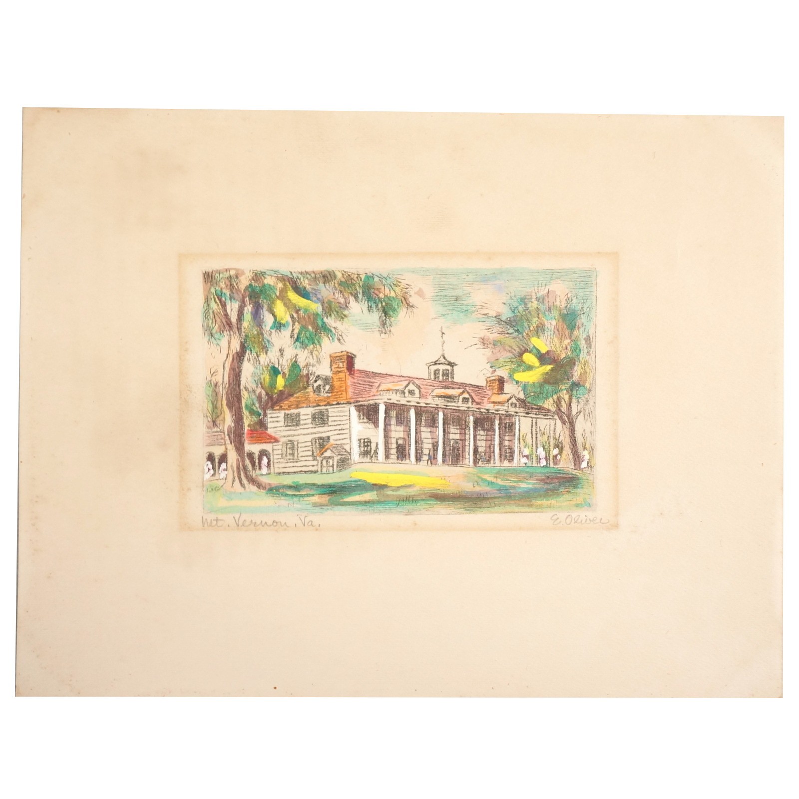 Vintage Edith Walker Oliver Signed Hand Colored Etching Art Print of Mt. Vernon