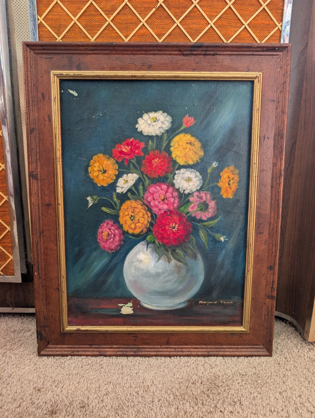 Vintage Marjorie Thorn Mid Century Floral Zinnia 15½» x 19½» Oil Painting