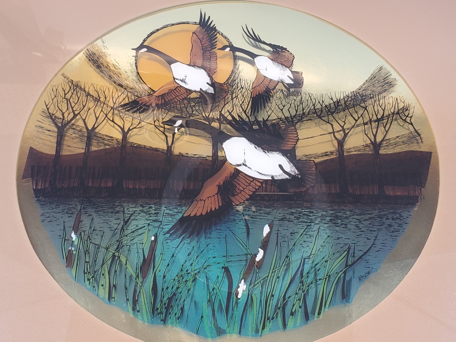 Vintage Jim Roslof Reverse Mirror Picture Painting Of Ducks Flying Numbered 8639