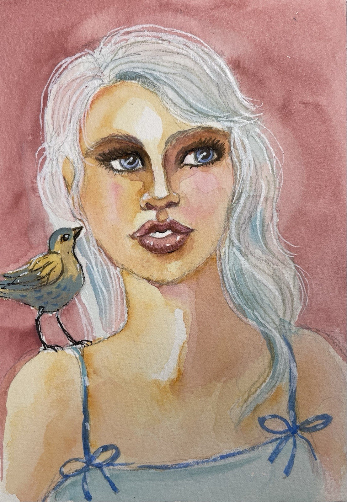 Original Pamela Wilhelm 5×7” Watercolor Blue Eyes Pink Blue Hair Woman & Bird