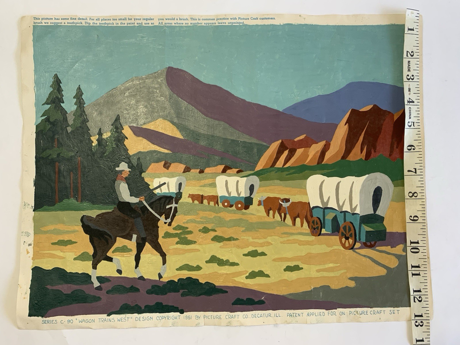 1951 Picture Craft PBN Western Painting “Wagon Trains West» 12×16” Canvas USA