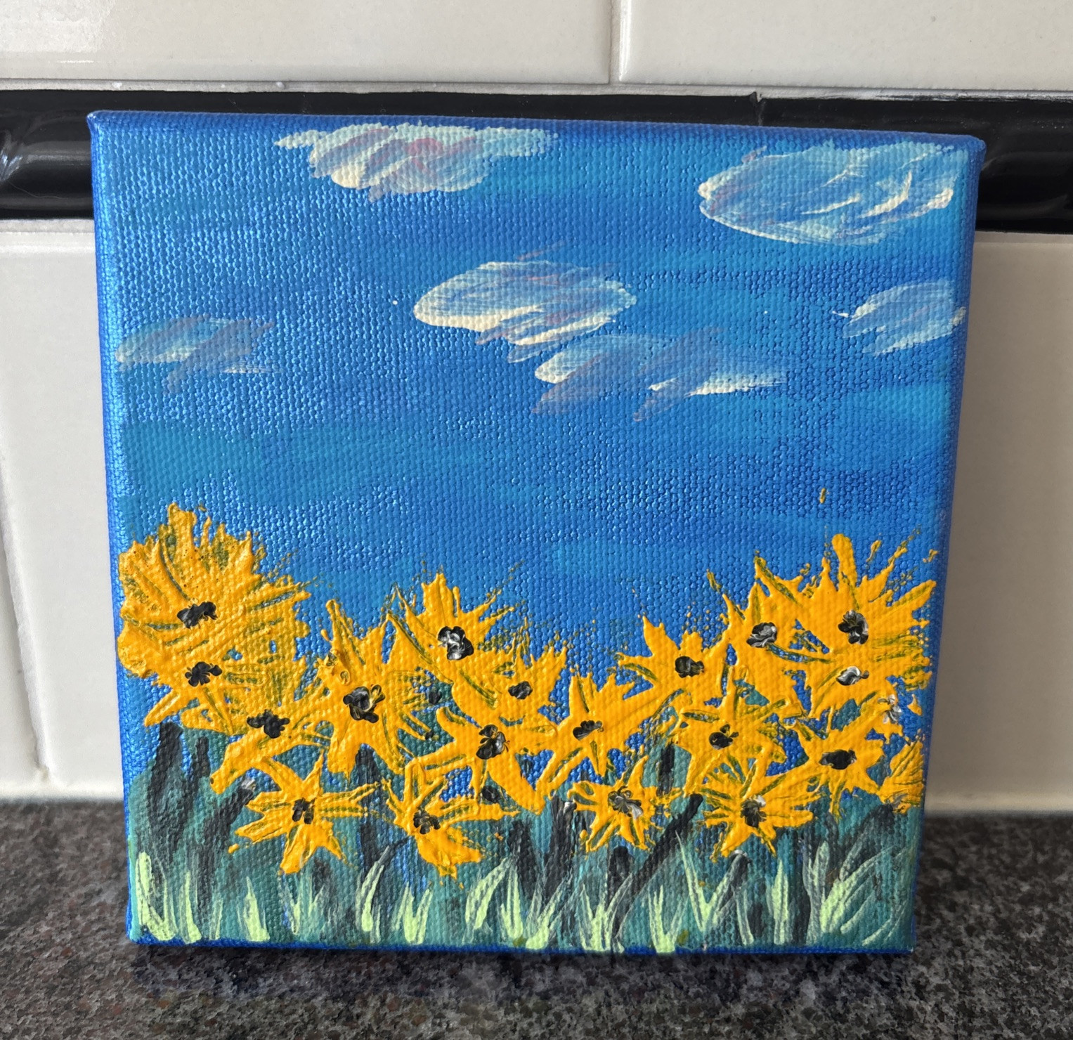 Bright Yellow Flowers Blue Skies Original Artwork OOAK On Canvas 5 X 5 Square