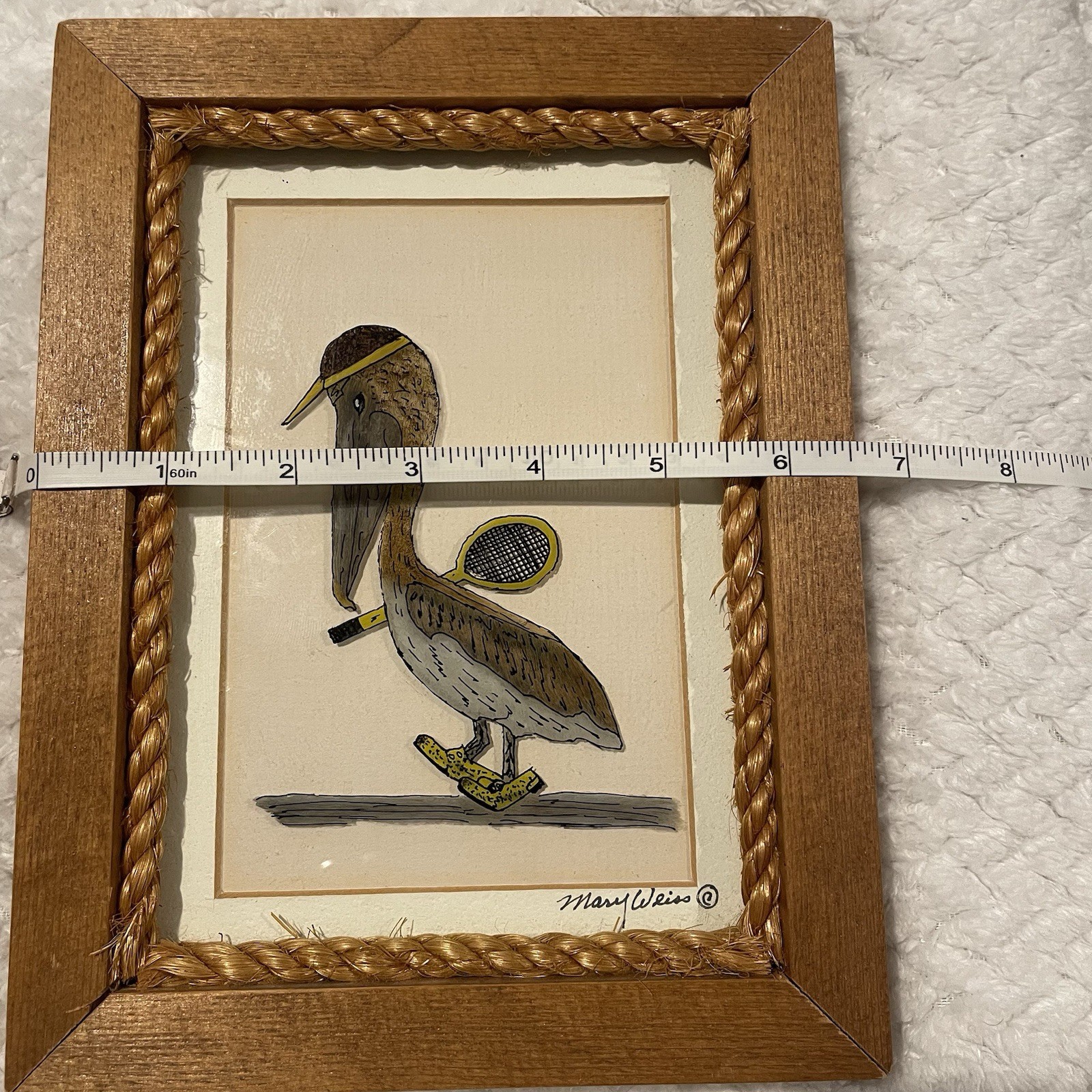 Vintage Mary Weiss Art Pelican Tennis Framed Reverse Painted Glass Funny Coastal