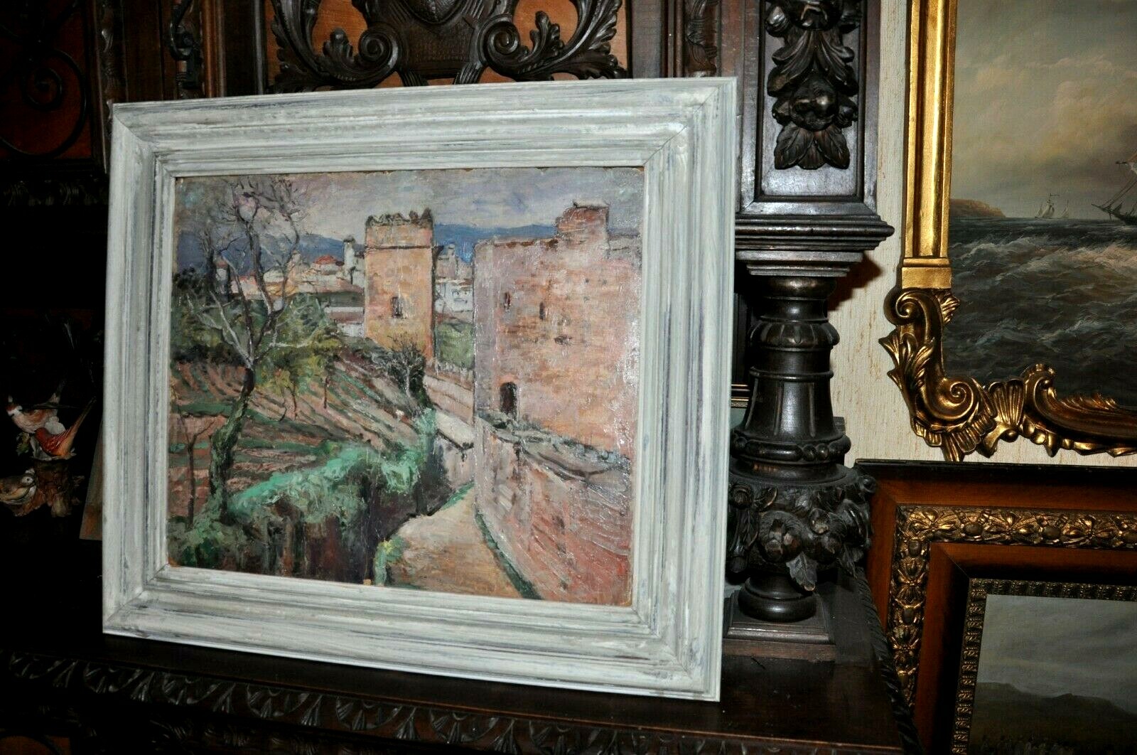 Fine c 1900 French Impressionist landscape with castle ramparts
