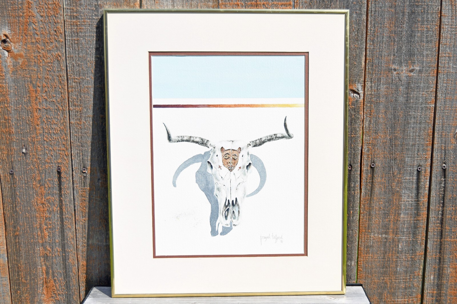 Original J Royal Telford Watercolor Painting Texas Art Longhorn Cow Skull Framed