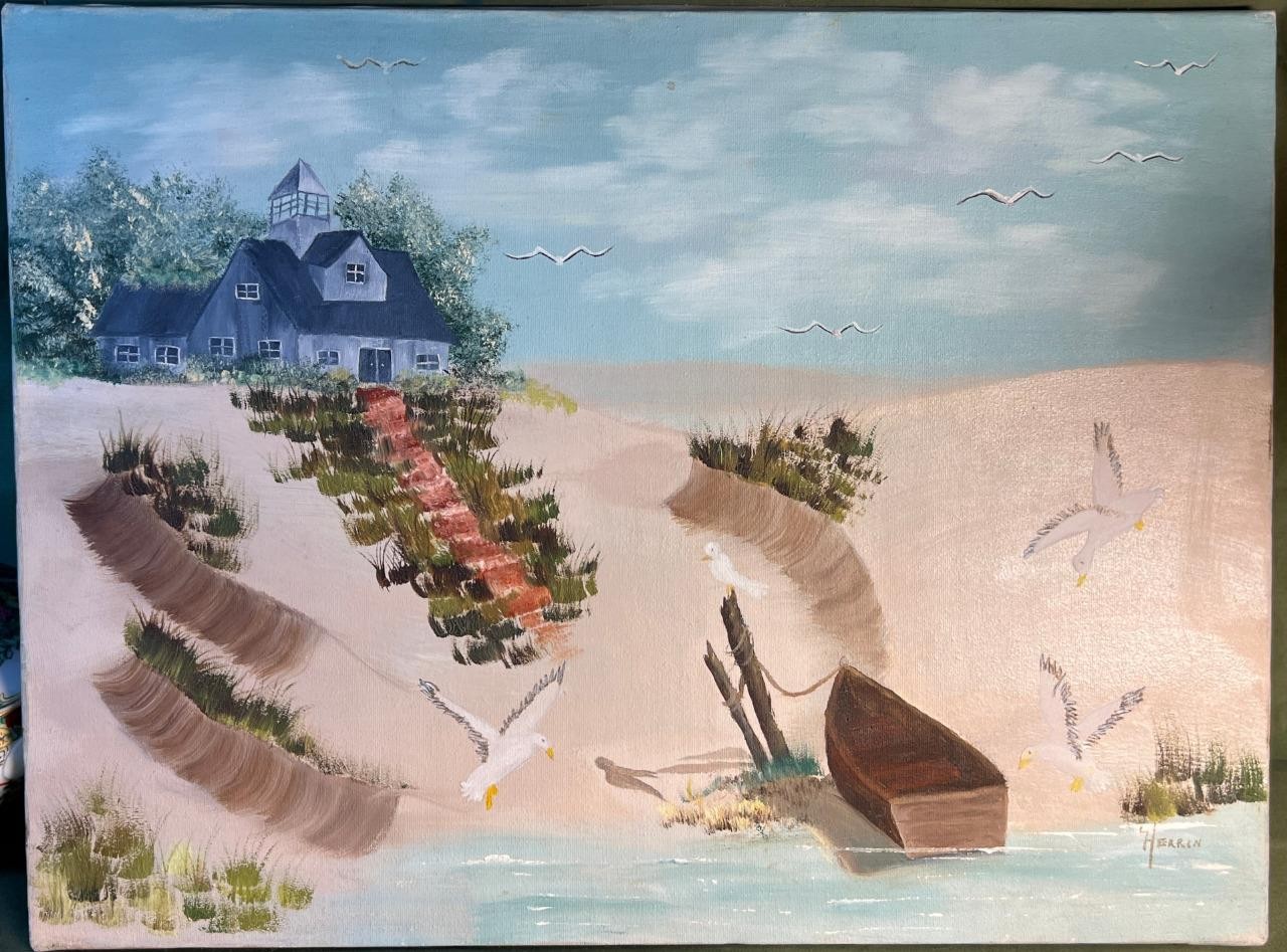Vintage Beach Coastal Art Landscape Signed Original Oil Painting House Seagulls