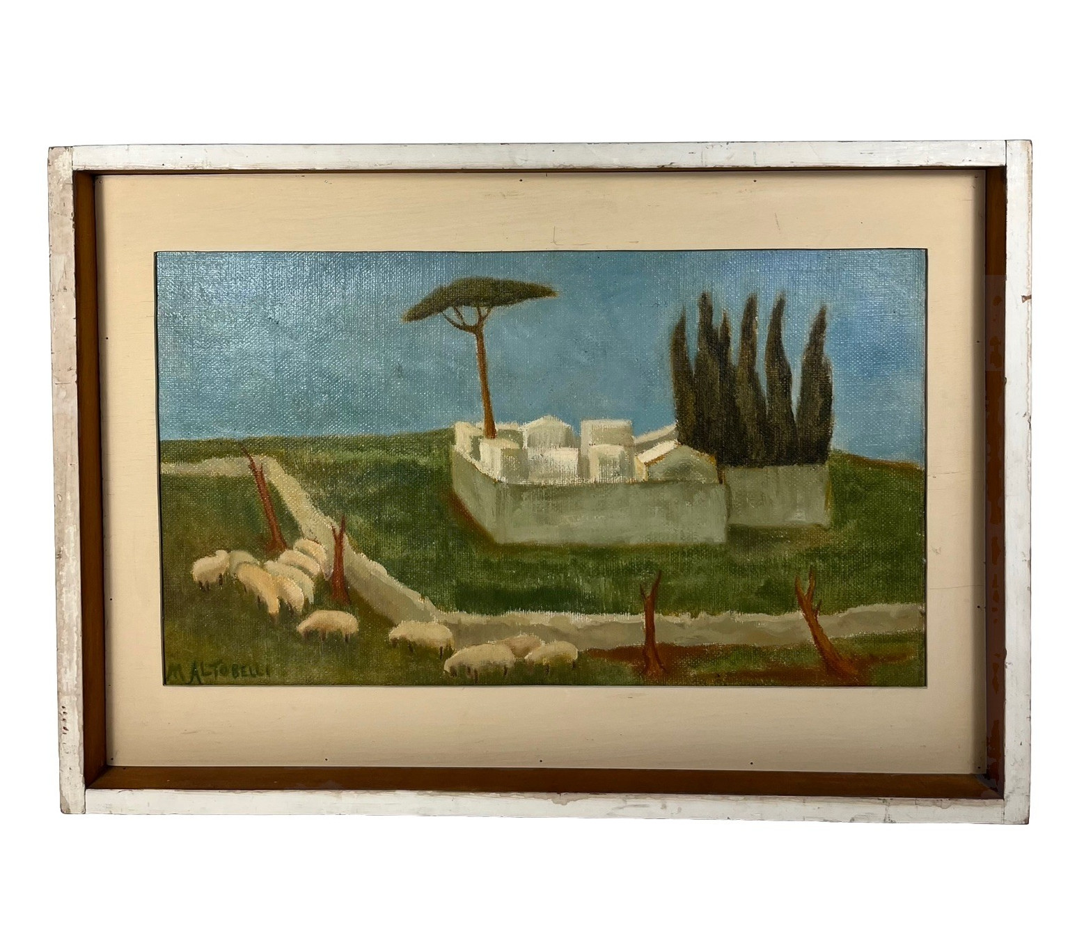 MODERNIST ABSTRACT SURREAL LANDSCAPE SHEEP VINTAGE MCM SIGNED OIL PAINTING