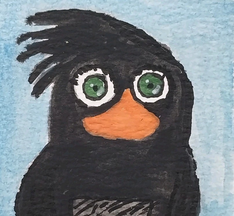 ACEO ATC Original Painting Art Bird Black Crow 3.5×2.5 Whimsical Wildlife Animal