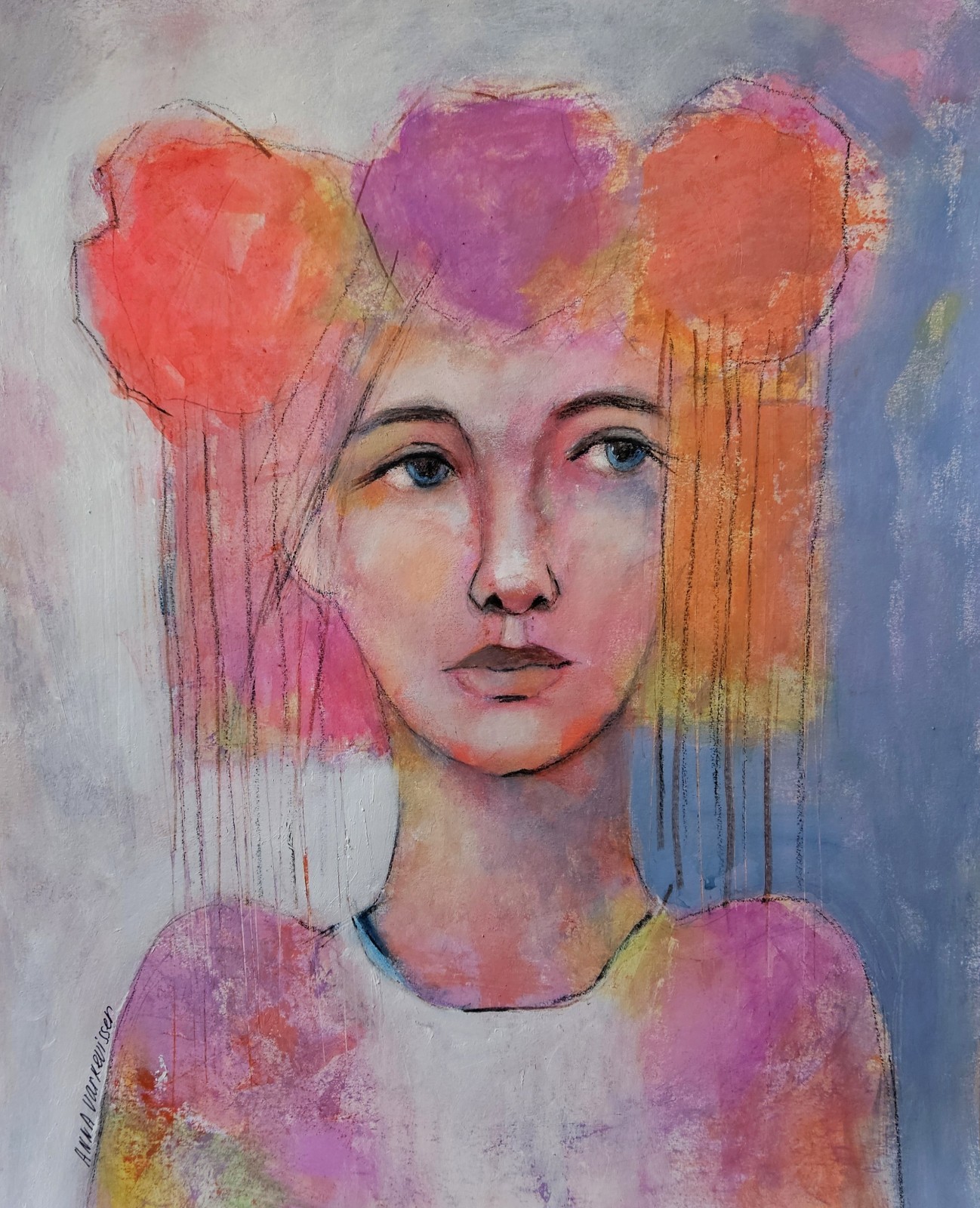 Original Painting Art Abstract Face Expressionist Strong Woman Portrait 17×14