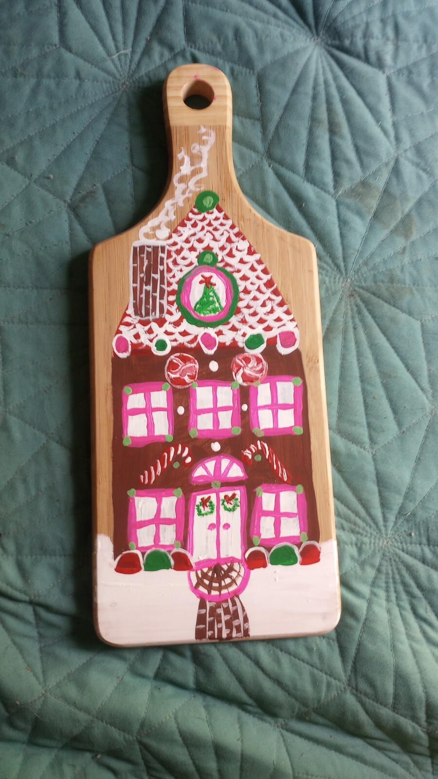 Gingerbread house painting cutting board. Reversible Halloween witch FOLK ART