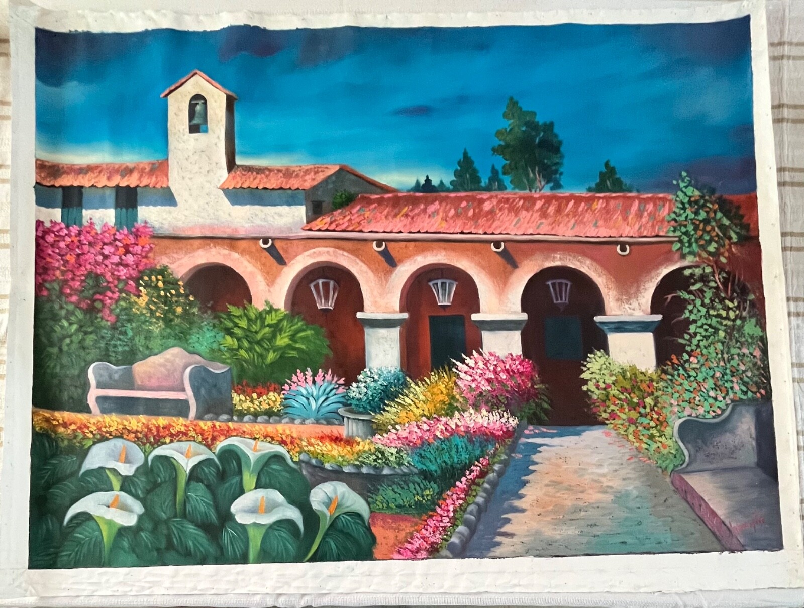 Peruvian Expressionist Watercolor Painting. Signed by G. Wuayta.  49”x38.5”.  