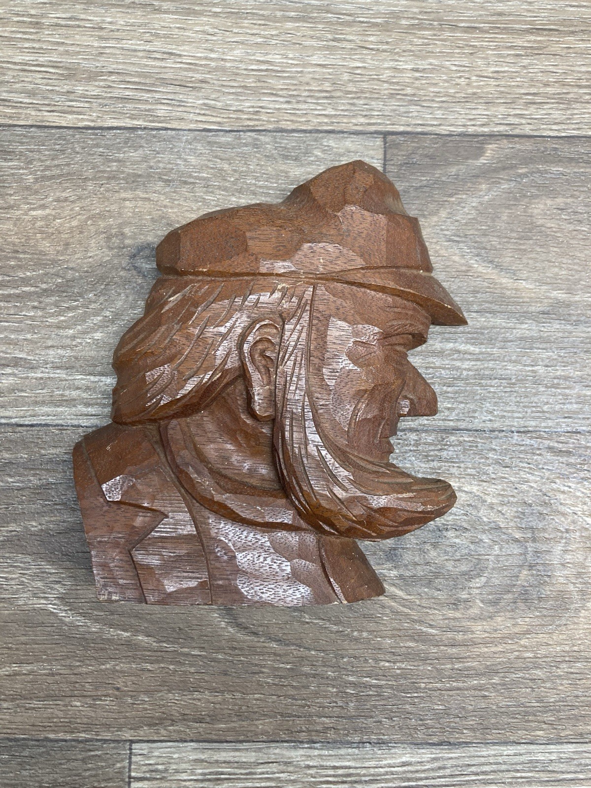 Vintage Old Man With Hat Wall Plaque Engraved Hand Made Wood Craved Signed FTW