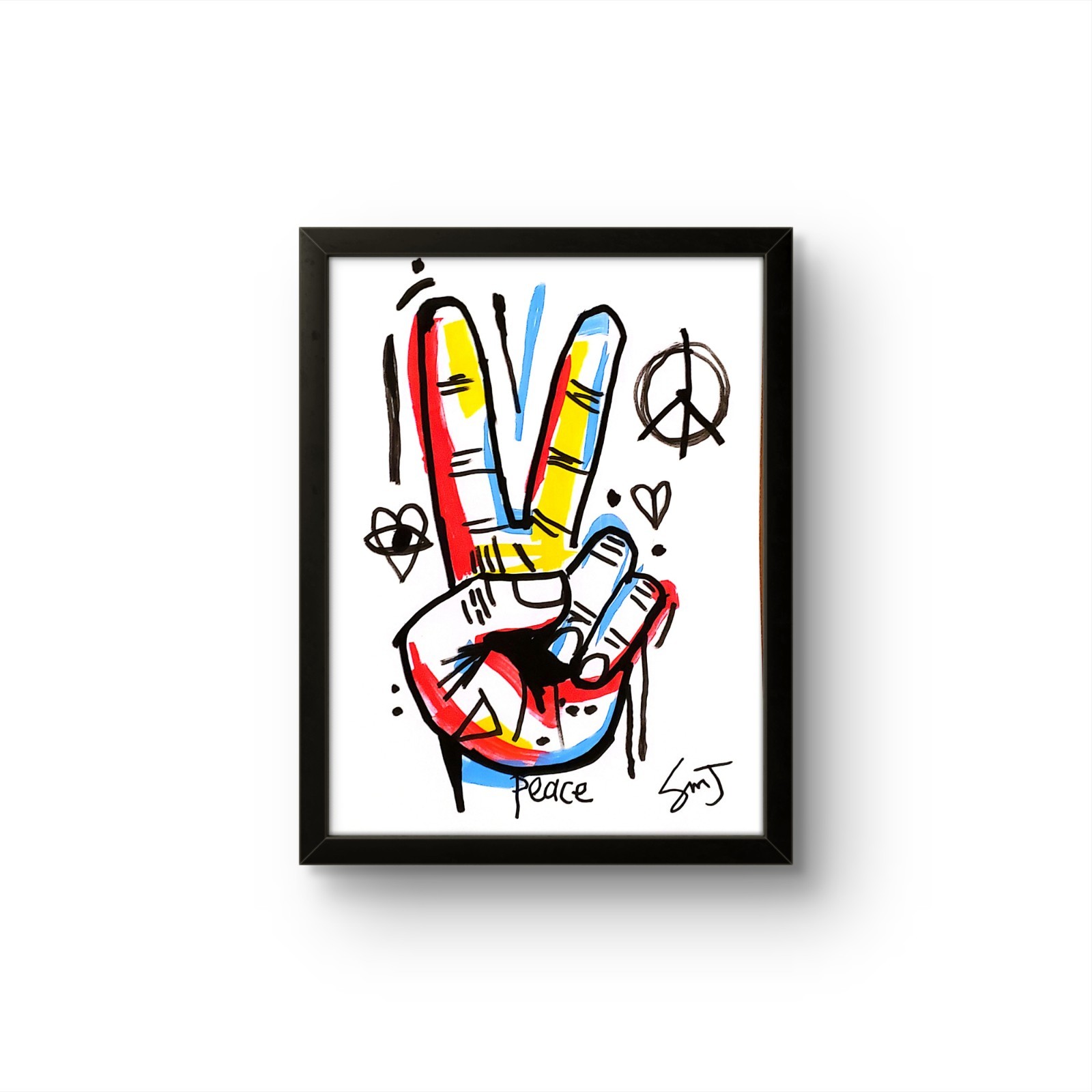 JULIEN Original FRAMED 9×12 PEACE SIGN Abstract Expressionist Painting PAPER