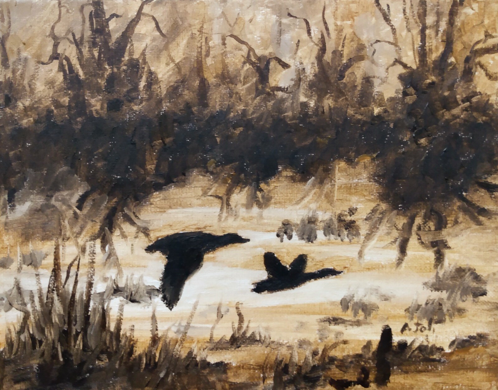 Oil Painting Ducks Birds Water Sunrise Landscape Animal Wildlife Art by A. Jol