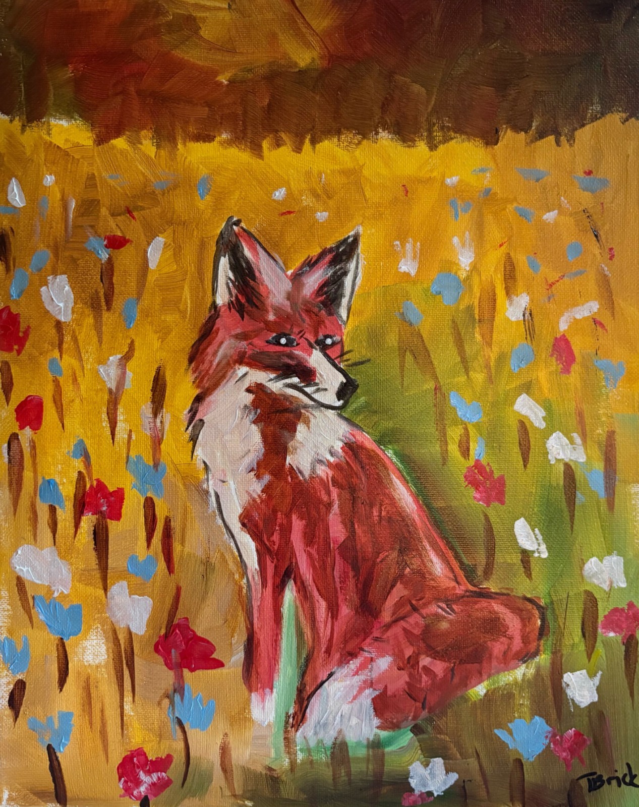 Red Fox Wildflower Meadow Painting Original Woodland Animal Nature Wall Art