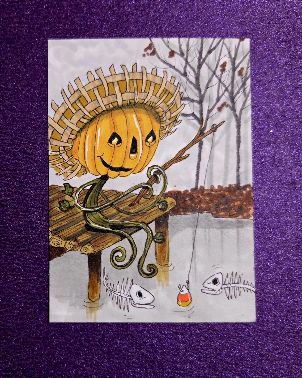 LWick Original ACEO Fall Winter Fishing Skeleton Pumpkin Fish Lake
