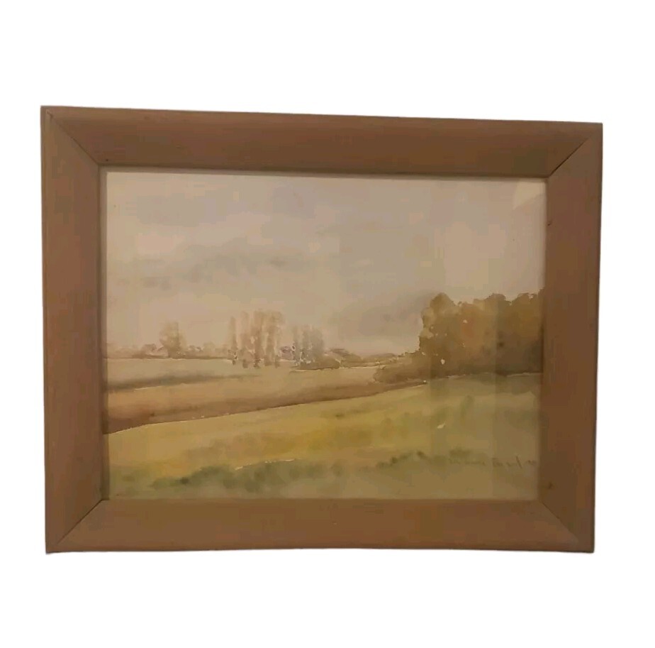 Vintage Original Landscape In The Fields Near Dusseldorf Germany Painting 1980