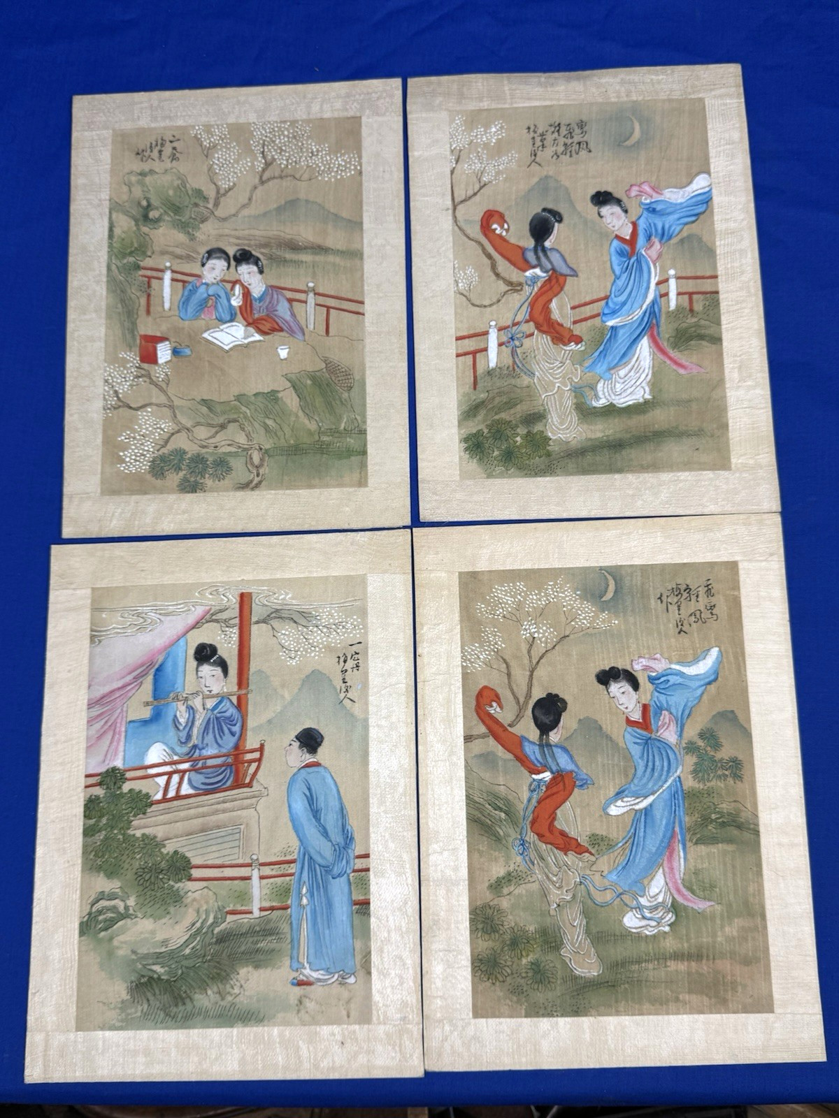 4 Vintage Chinese Paintings on Silk, Series, Each Different 7 3/4″ x 5″ Silk