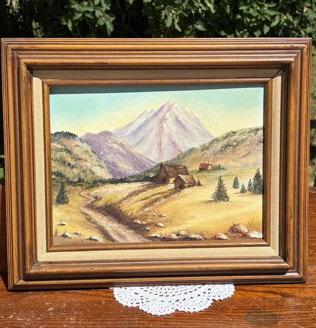 Vtg Mountain Landscape Oil Painting Rustic Cabin Decor Wood Frame Linen Lined