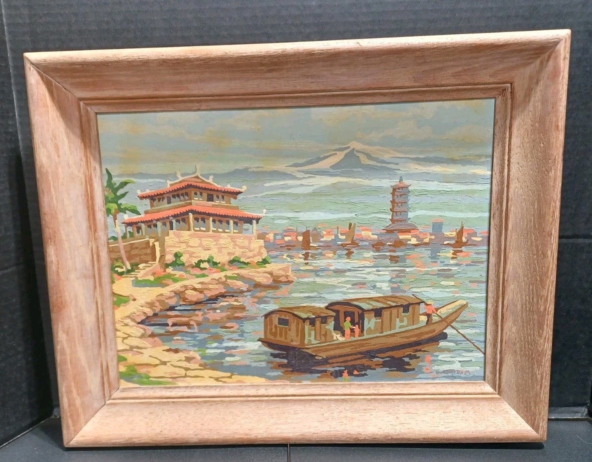 Vintage Paint By Number Chinese Pagoda Boat Painting 1957 Framed