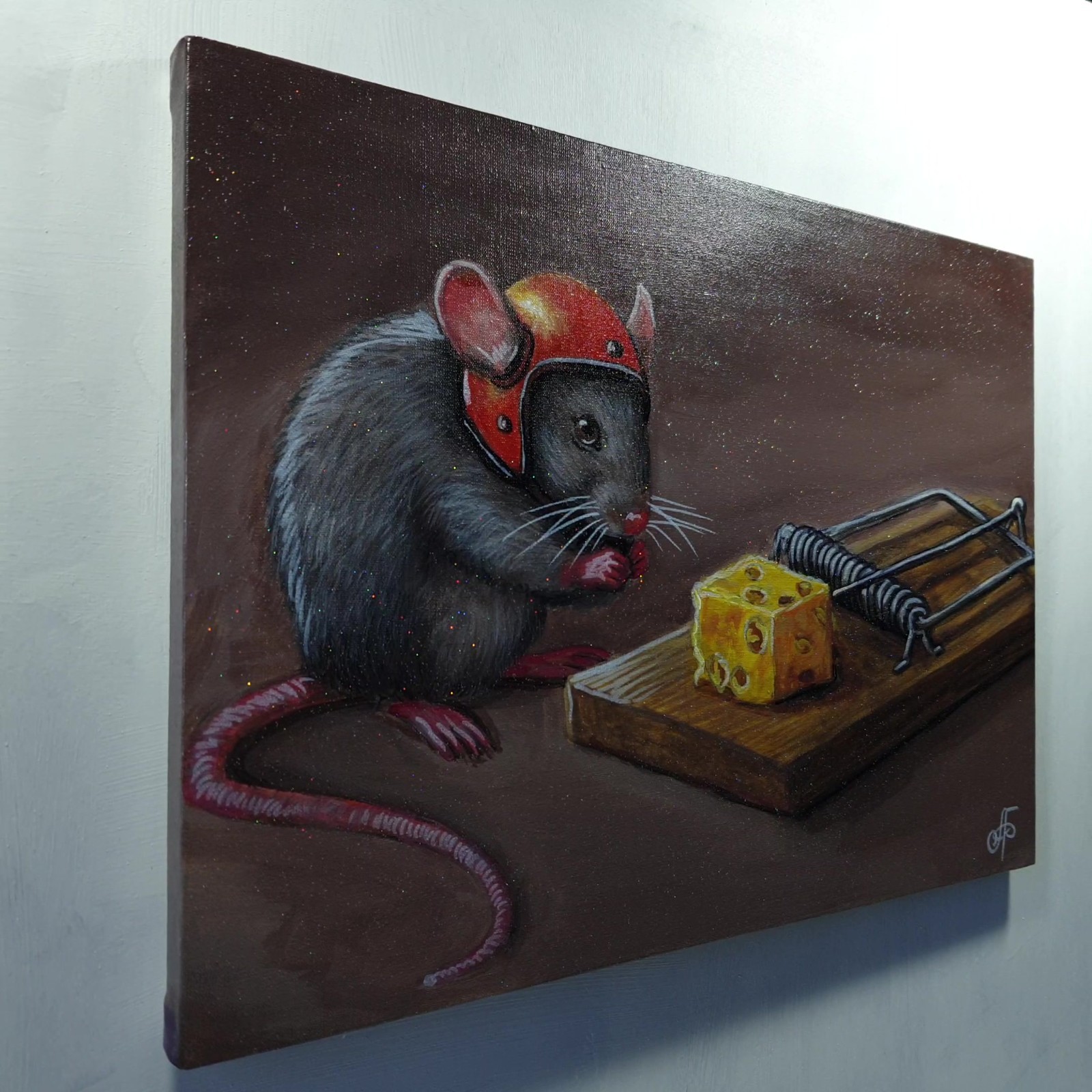 Brave Little Mouse and the Cheese Trap Funny Animal Painting Ukraine Artist