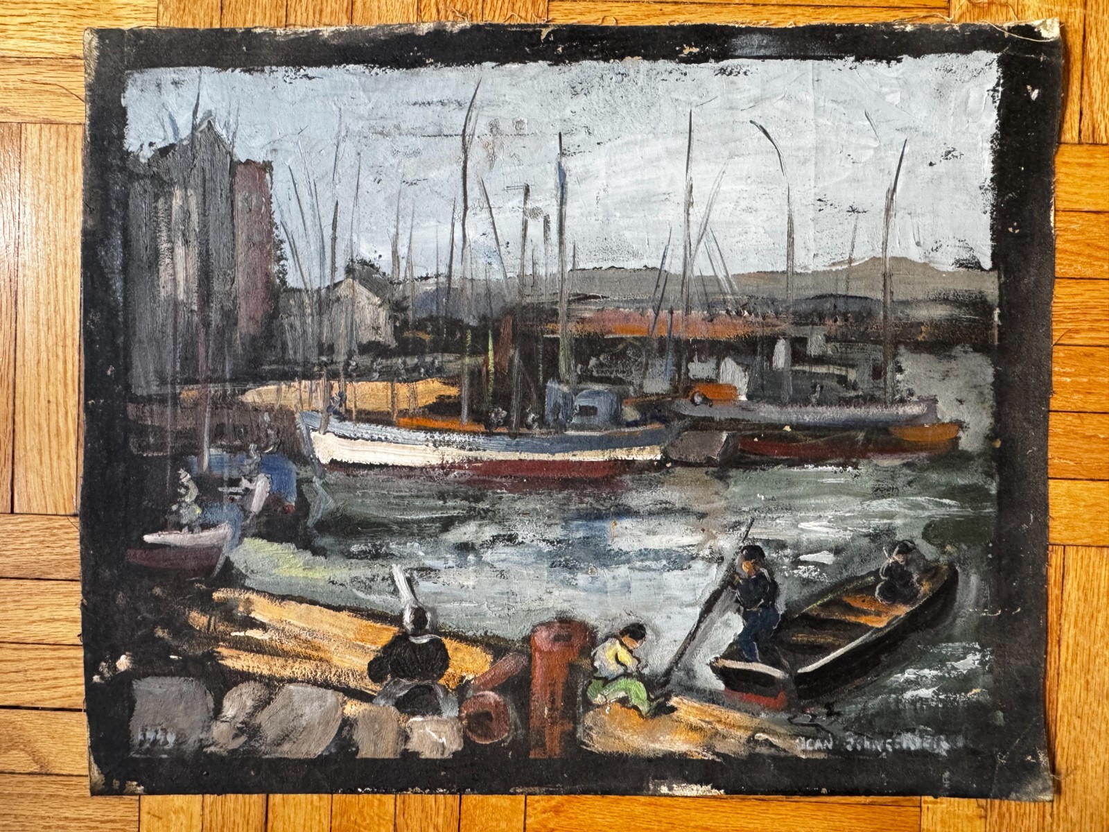 Vintage 1930’s Oil on Canvas Landscape Boats Port Docking 17×22 Jean Schweckler