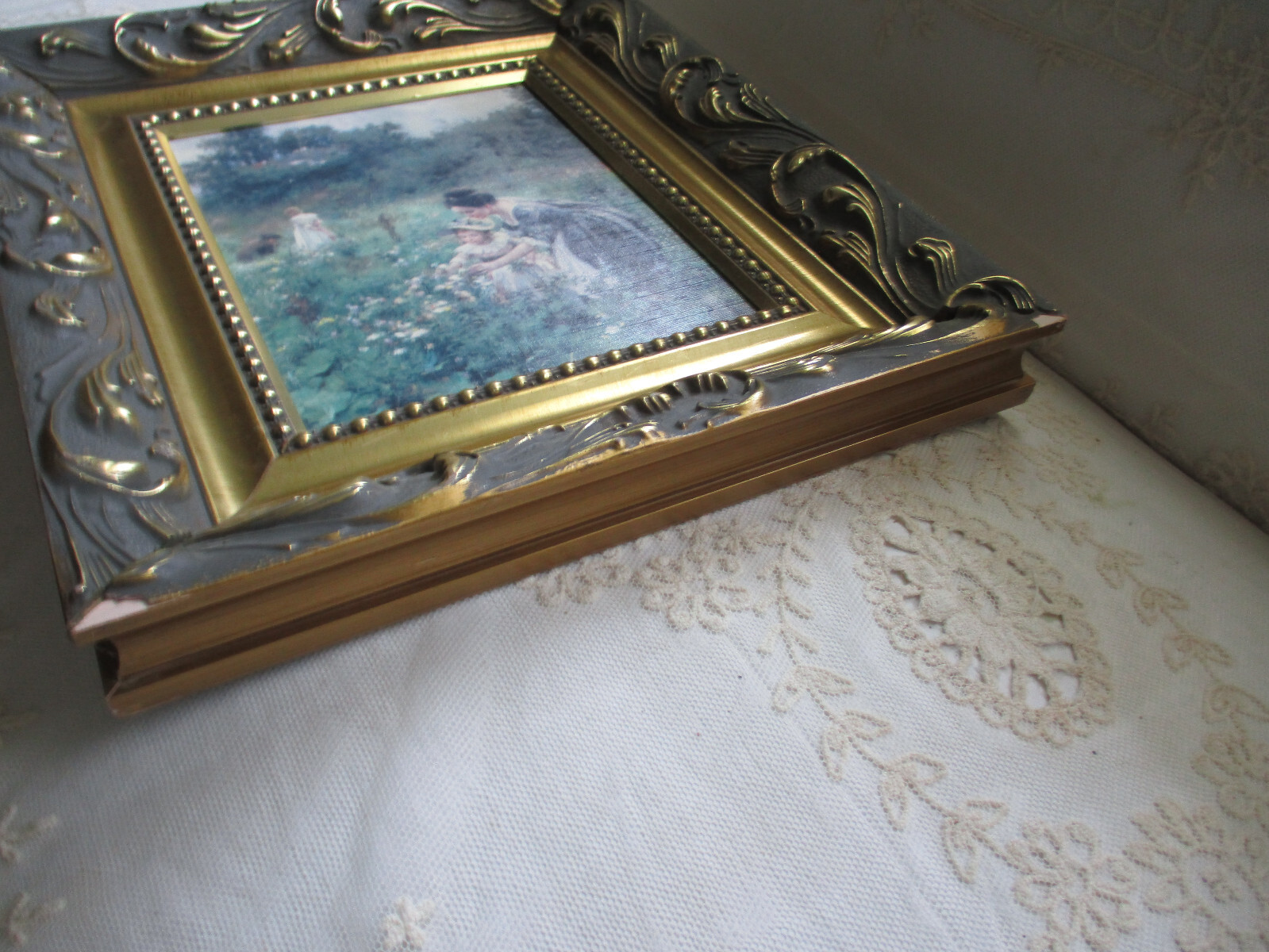SUPERB! Vintage Oil on Board French Country Mother & Children Gold Frame 16 x 14