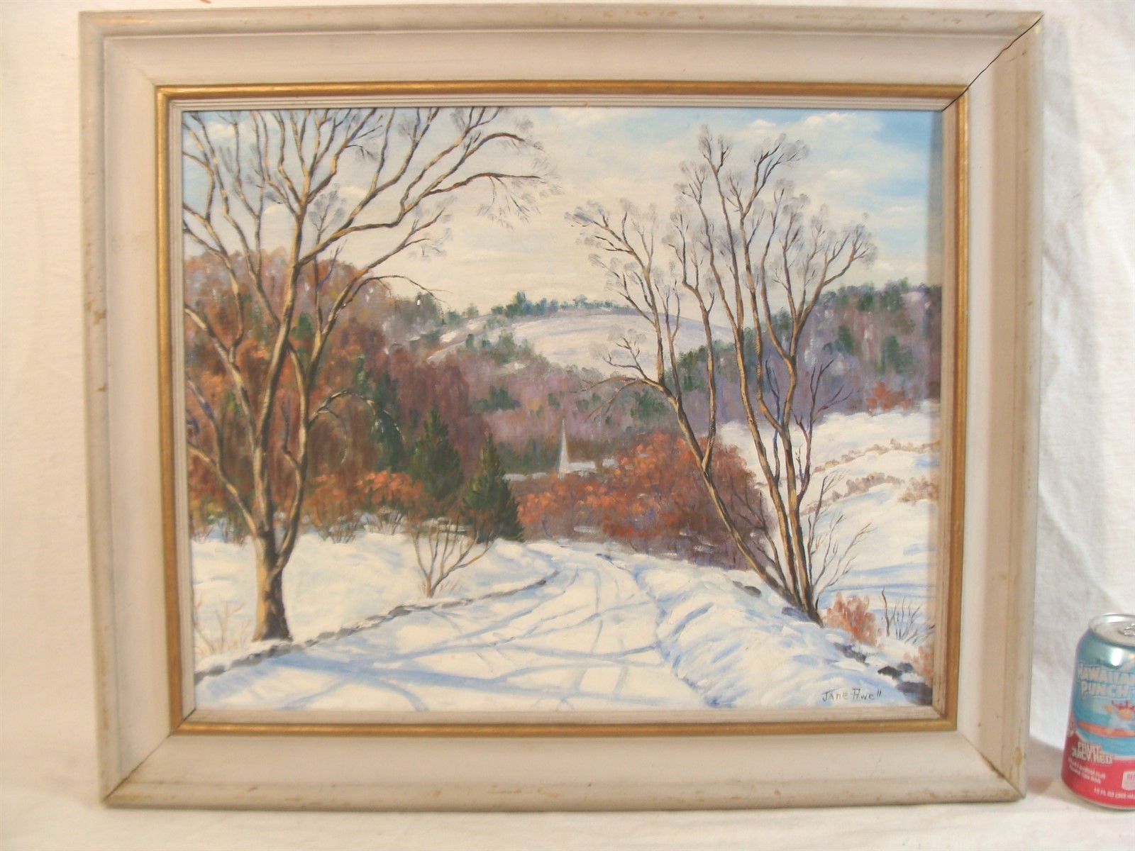 Antique Jane Powell Stowe Vermont Winter Landscape O/B Painting