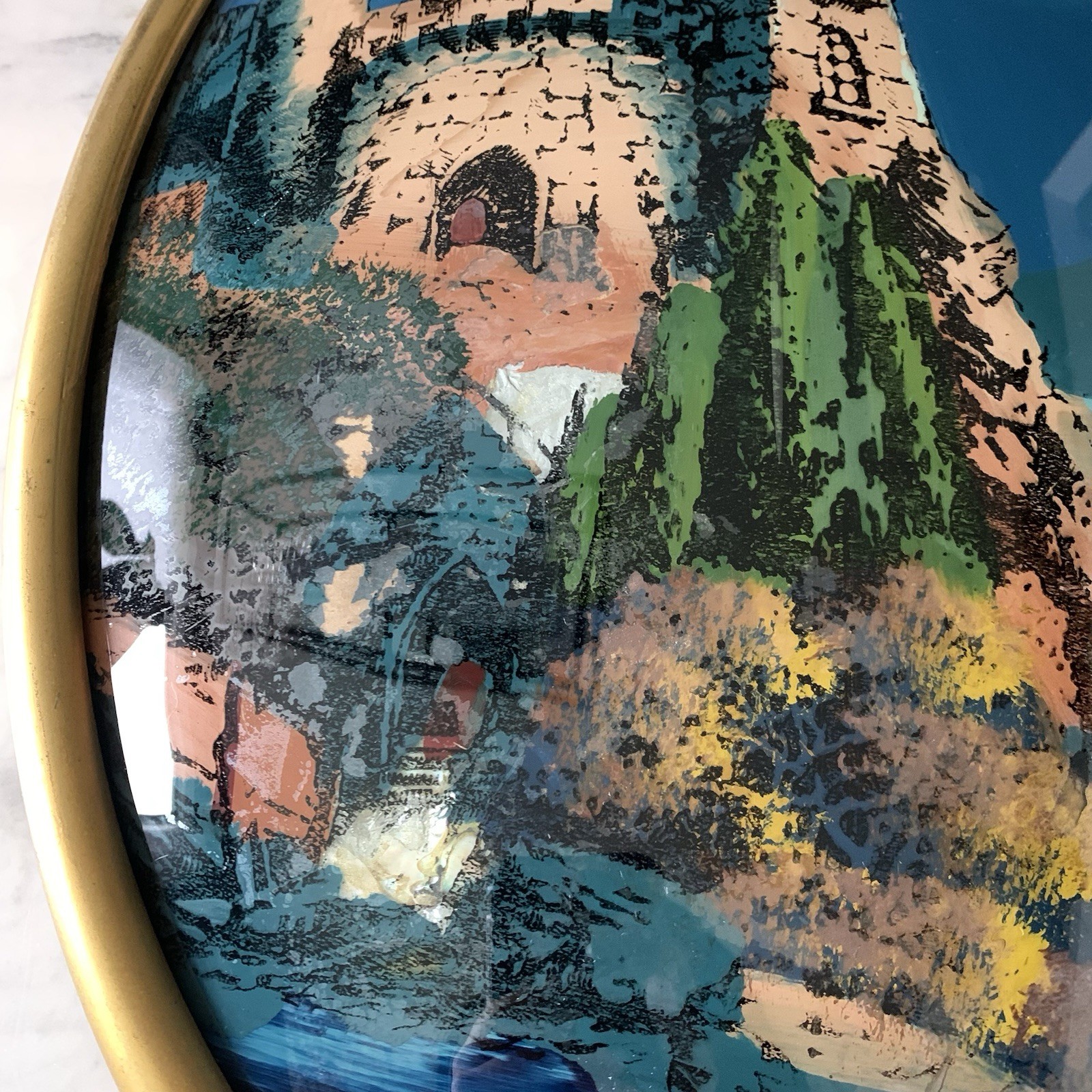 Antique Brass 1917 Baroque Castle In Belgium Reverse Painting On Convex Glass