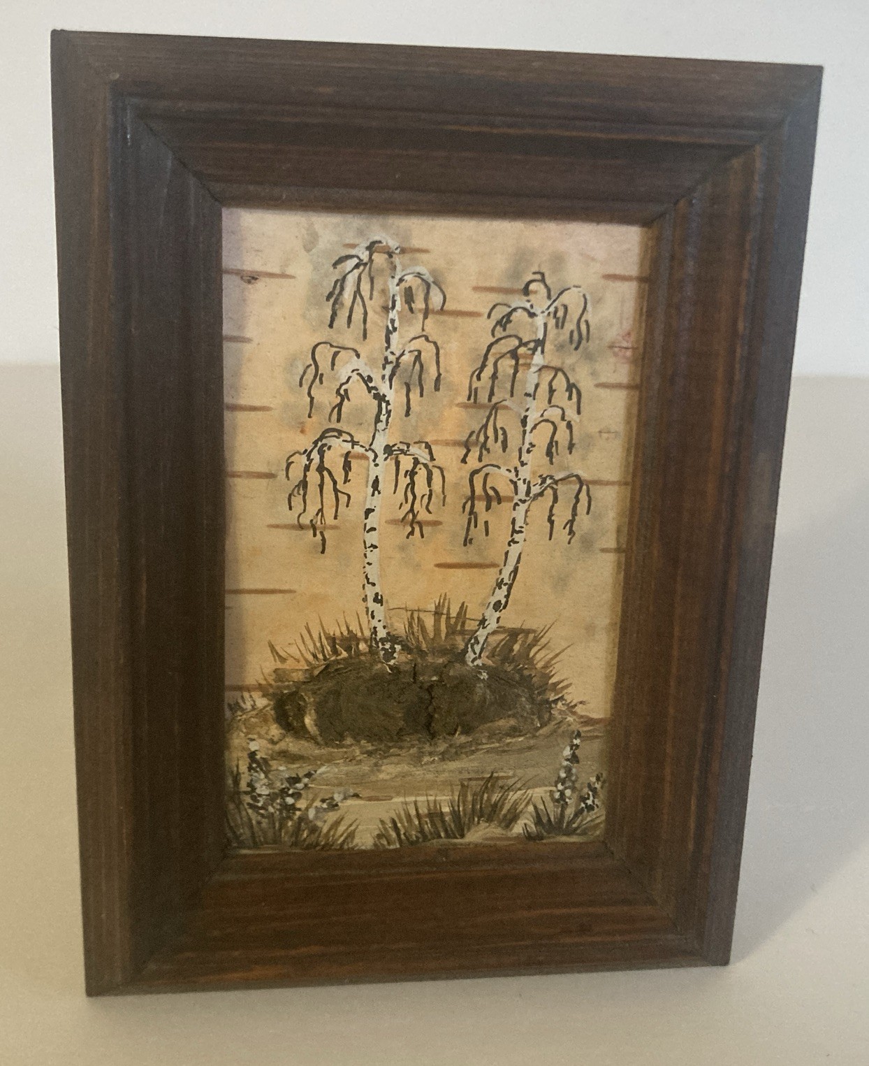 Vtg Small Russian Birch Bark Landscape Framed Artist Signed Set of 3