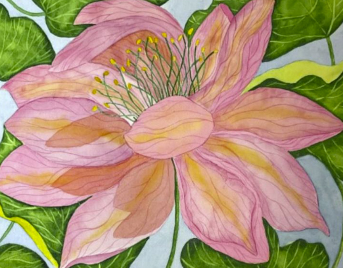 PAINTING WATERCOLOR 11X14 AND WHITE MAT 16X20 FLOWER LOTUS PINK CORAL ORANGE ART