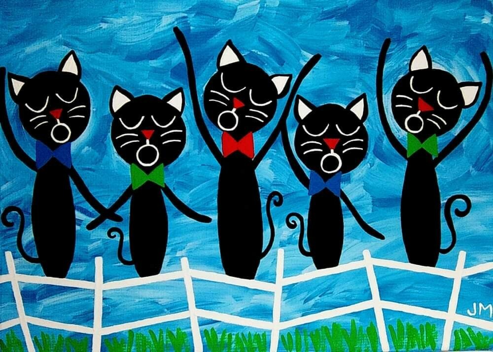 whimsical original keepsake painting 5×7″ signed folk art «Cats in Concert»
