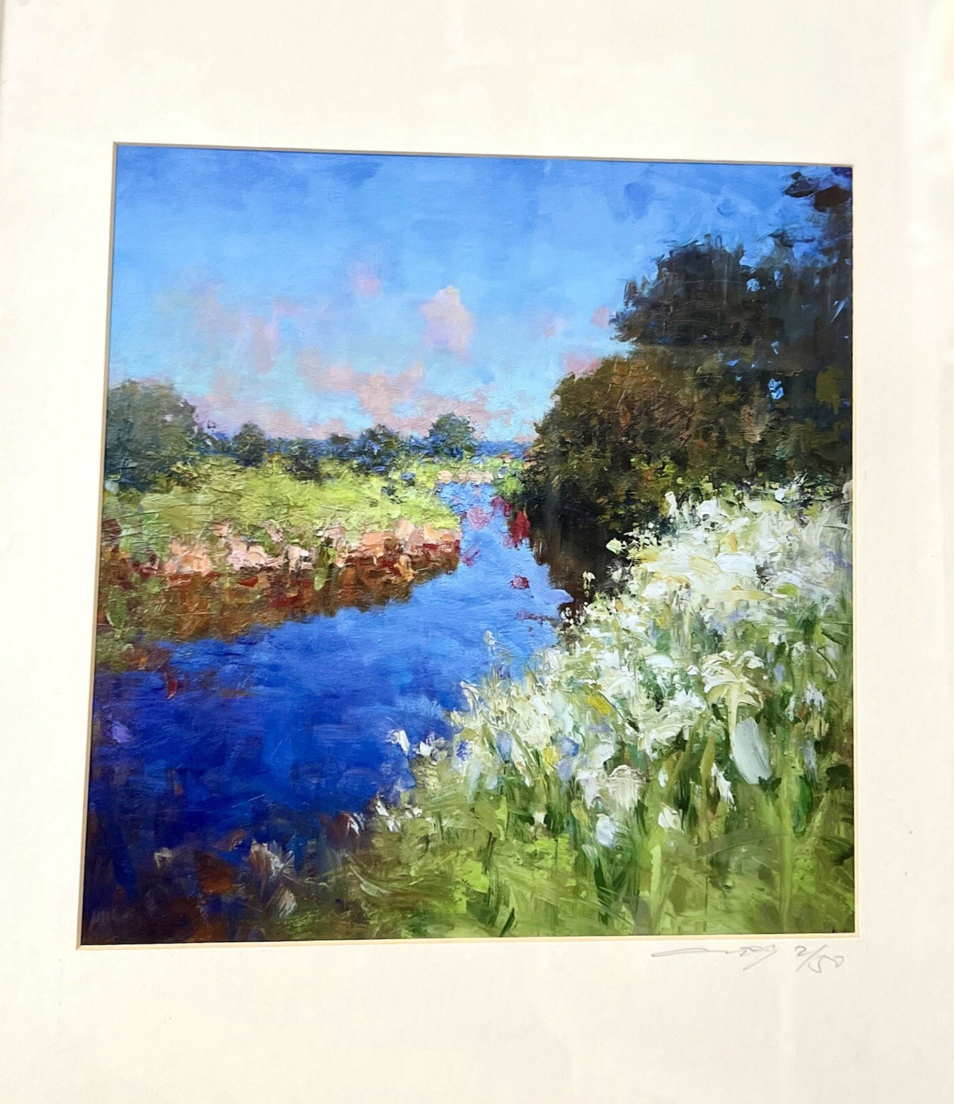 Signed Limited Edition Landscape Painting Matted & Framed 22X18 Stream Trees Sky