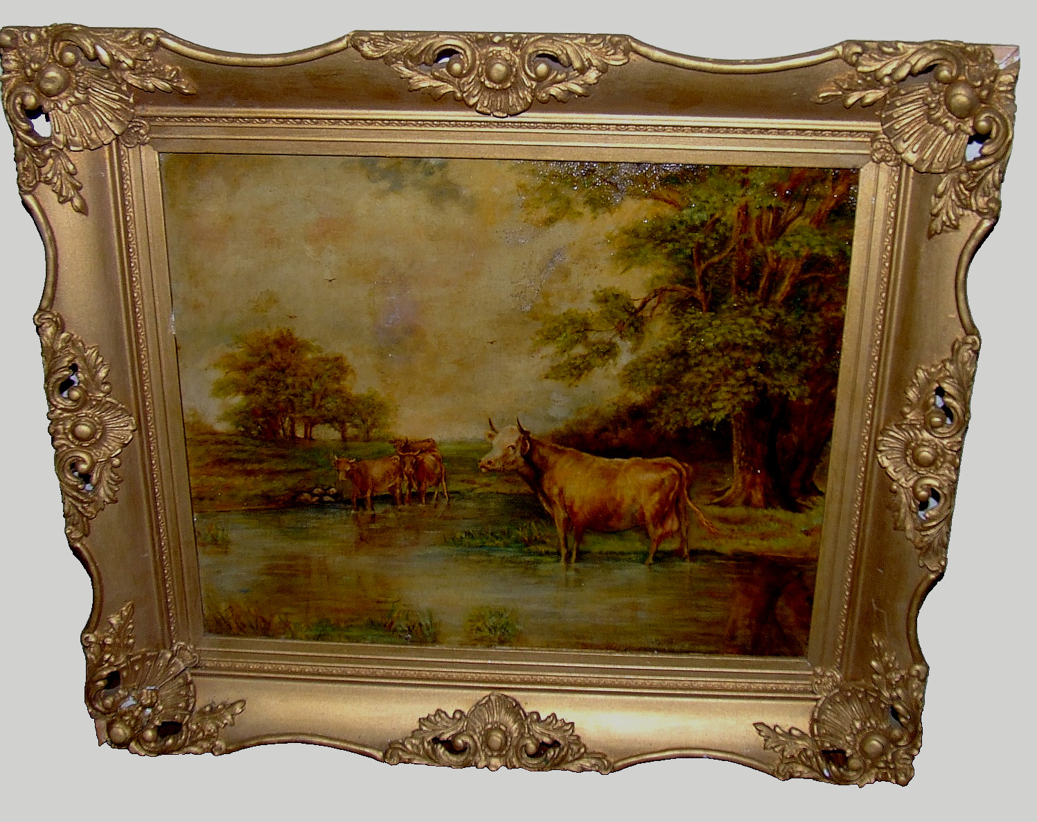 Antique 19th C. Landscape Gathering Watering Cows Oil on Board Gilt Ornate Frame