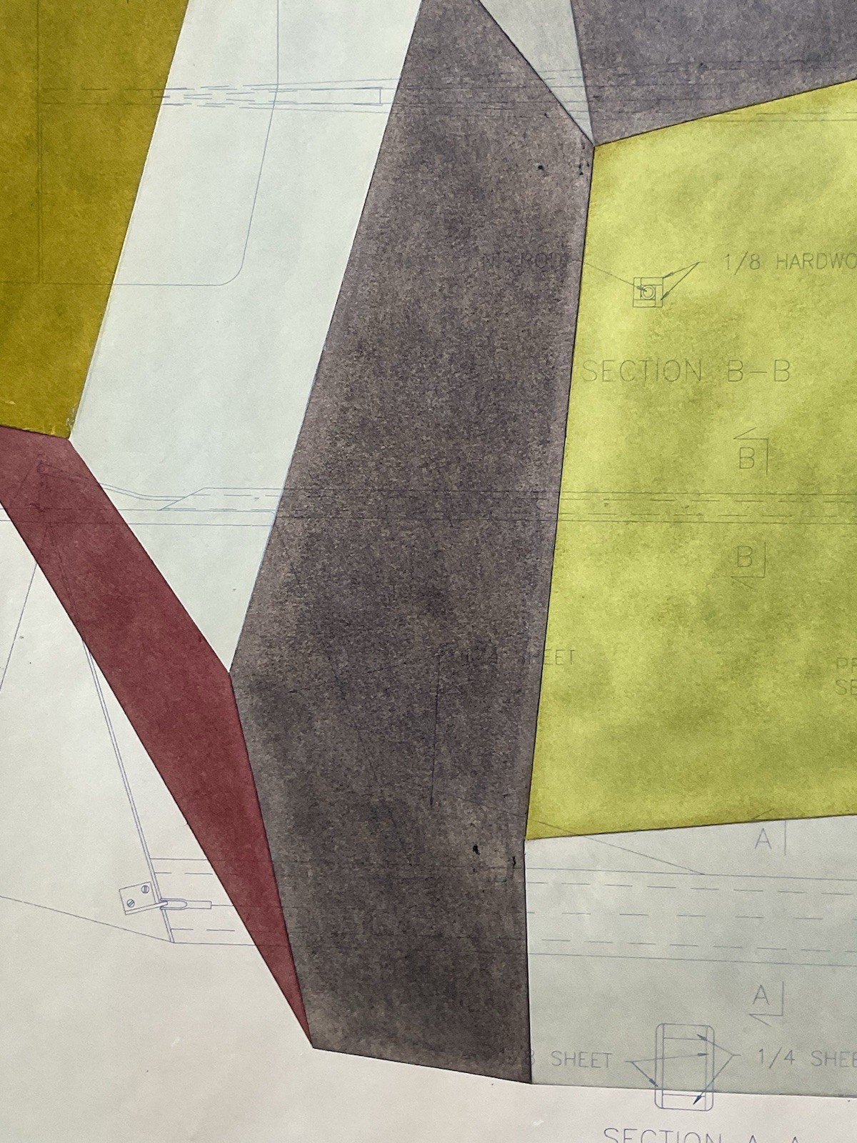 Mid-Century Modern Geometric Abstract Painting Vintage Aviation Blueprint Paper