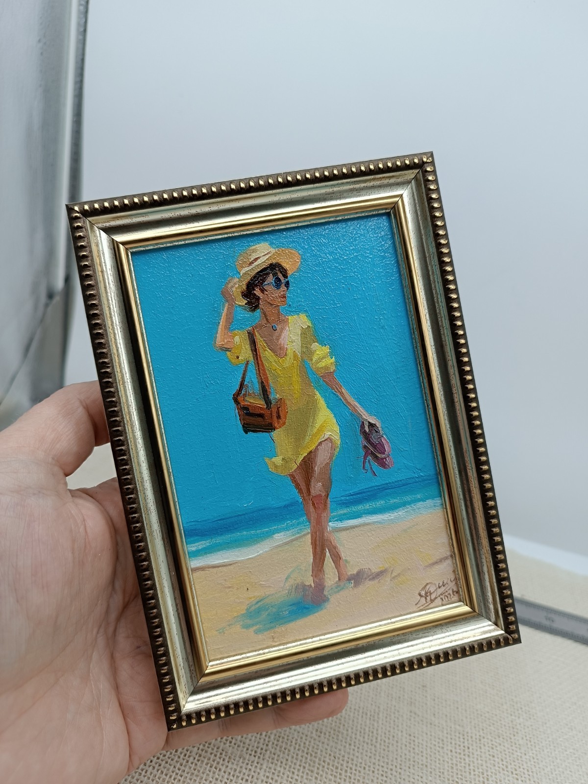 Beach Girl Original Oil Painting 4×6 Framed Signed Woman Sea Beachfront Art