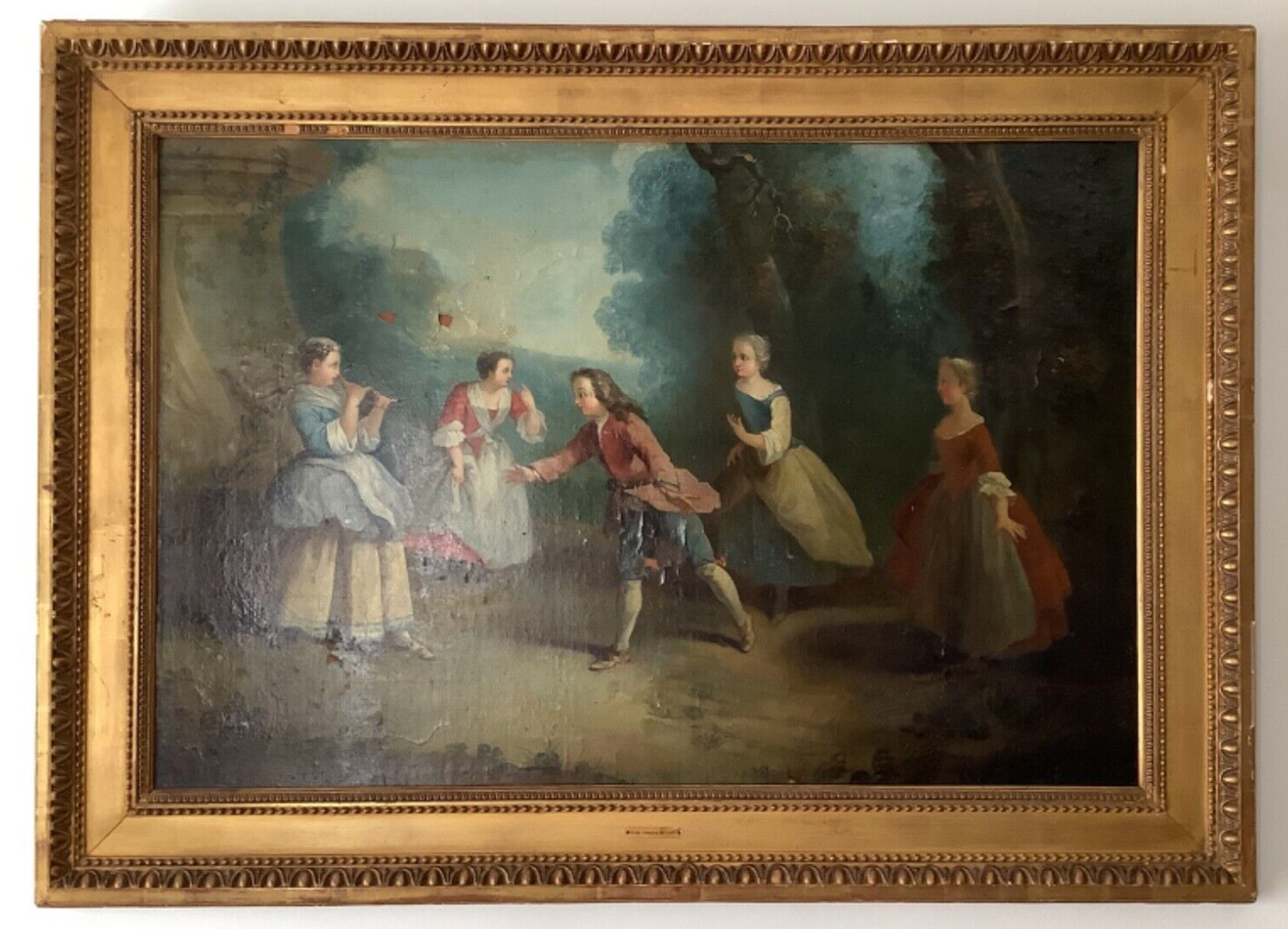 TO RESTORE 18th CIRCLE FRAGONARD ENTERTAINMENT IN PARK FRENCH OIL ON CANVAS