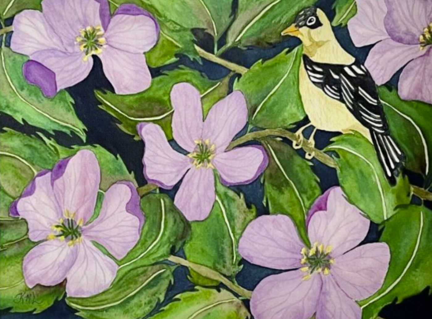 PAINTING WATERCOLOR 11X14 DOUBLE MAT 16X20 FLOWER BIRD GOLDFINCH CHERRY BLOSSOM