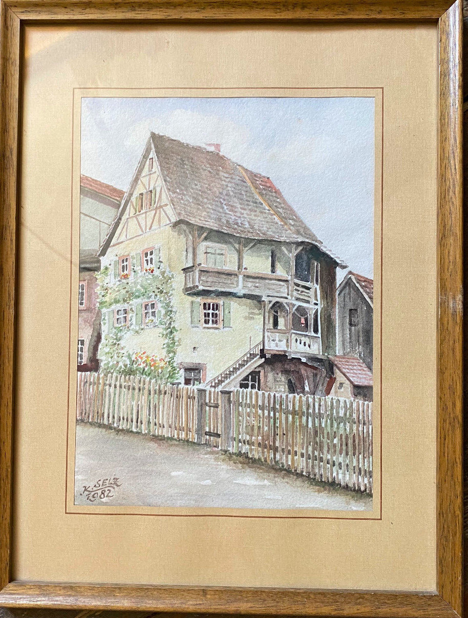 Watercolor Sign. K.SELZ 1982 Farmhouse with Half-Timbered Gable Country Style
