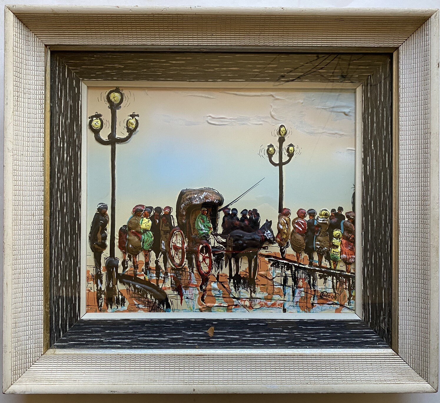 Mid Century Elmo Gideon Original 3D Embossed Relief Oil Painting Street Scene