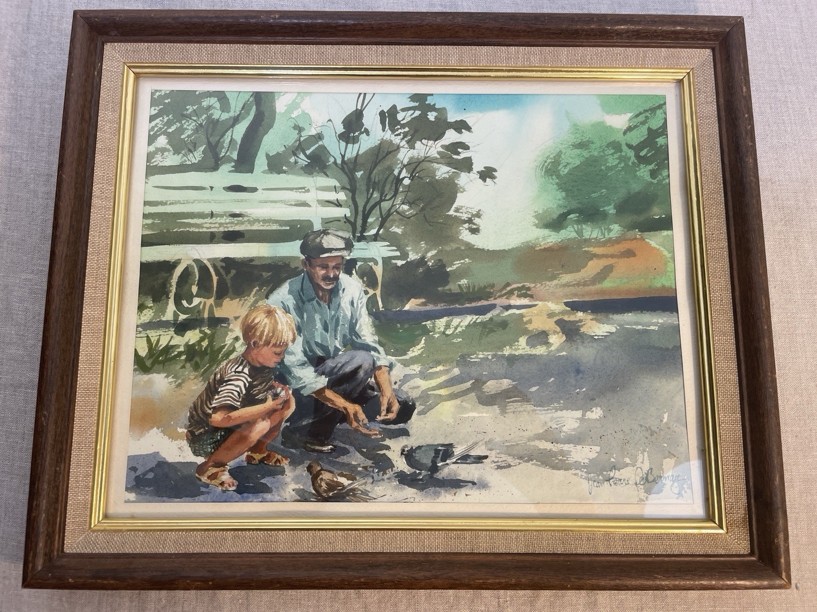 VTG 13×10” Landscape Watercolor Painting Debernay Art Original boy birds water