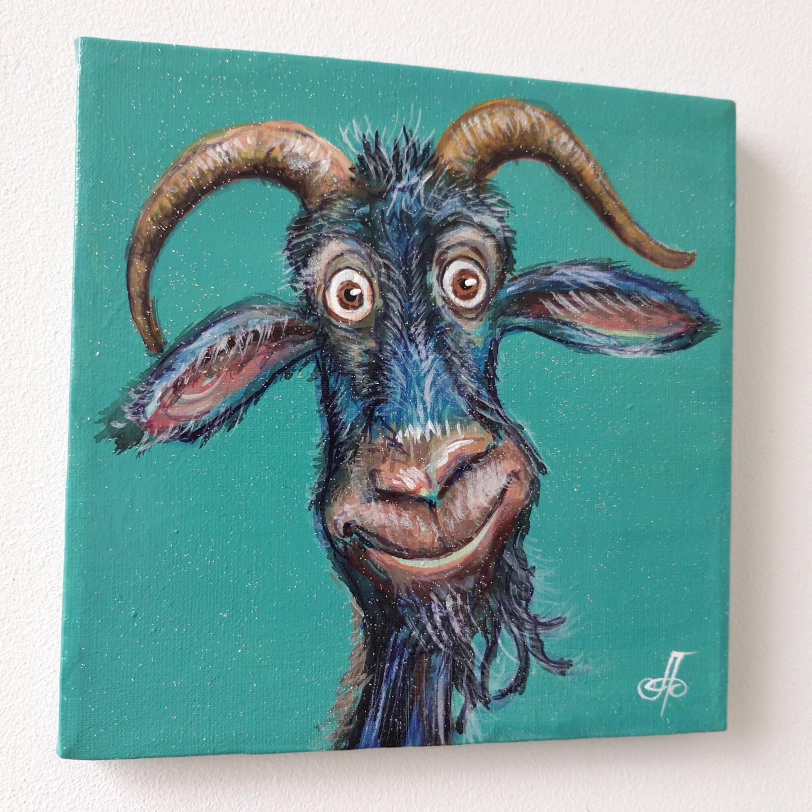 Original Acrylic Painting Funny Blue Goat Horns Smirk Small Hand Painted Canvas