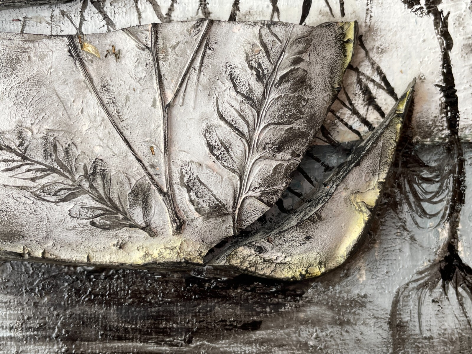 Broken life, conceptual artwork, mixed media painting, interior art, gray black