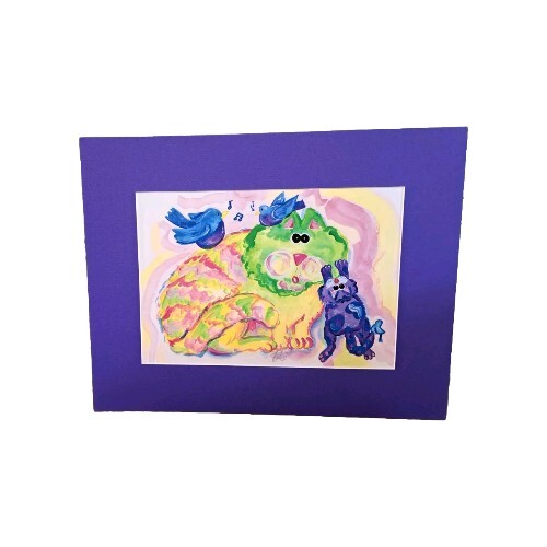 Vtg Gina Byrd Island Signed Watercolor Matted Wall Art Blue Birds & Cats 11×14